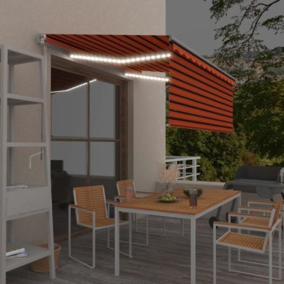 Copertină retractabilă manual stor&LED portocaliu&maro 3x2,5 m