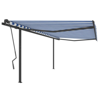 Copertină retractabilă manual cu stâlpi - albastru/alb - 4x3,5 m