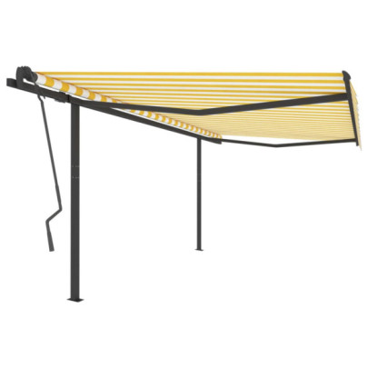 Copertină retractabilă manual cu stâlpi - galben & alb - 4x3,5 m