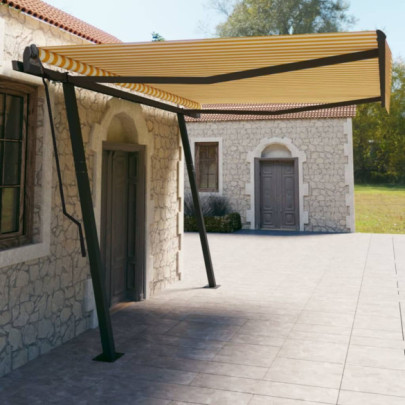 Copertină retractabilă automat - cu stâlpi - galben/alb - 4,5x3 m