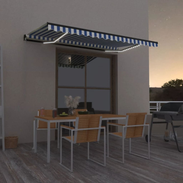 Copertină retractabilă manual LED - albastru și alb - 450x300 cm