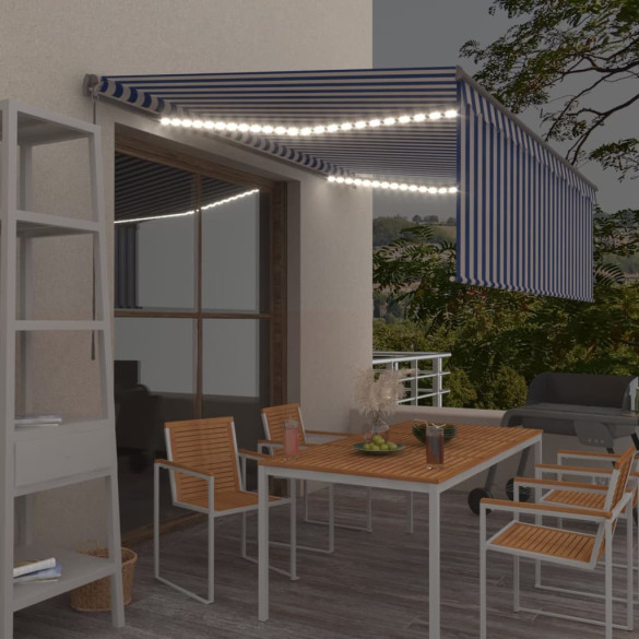 Copertină retractabilă manual cu stor&LED - albastru&alb - 4,5x3m