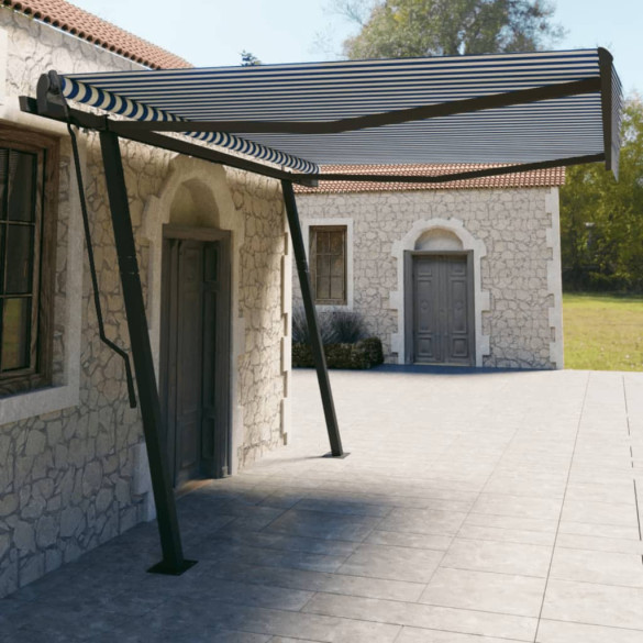 Copertină retractabilă manual - cu stâlpi - albastru/alb 4,5x3 m