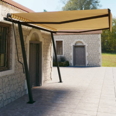 Copertină retractabilă manual - cu stâlpi - galben & alb - 4,5x3 m