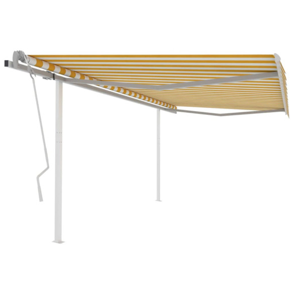 Copertină retractabilă manual,cu stâlpi - galben și alb - 4,5x3 m