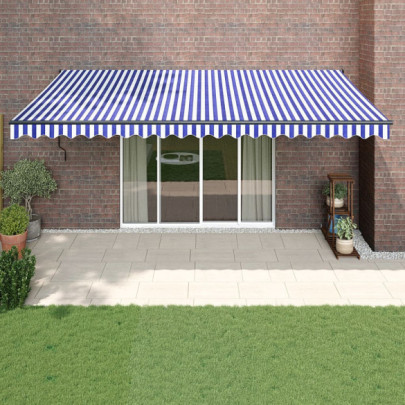 Copertină retractabilă albastru/alb - 5x3 m - textil/aluminiu