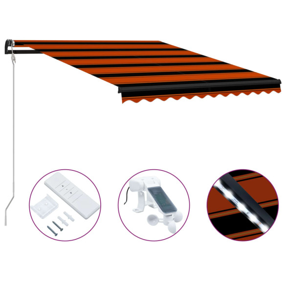 Copertină retractabilă senzor vânt & LED oranj/maro - 300x250 cm