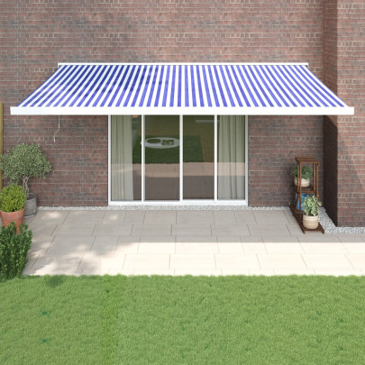 Copertină retractabilă albastru/alb - 5x3 m - textil/aluminiu