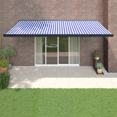 Copertină retractabilă albastru/alb - 5x3 m - textil/aluminiu