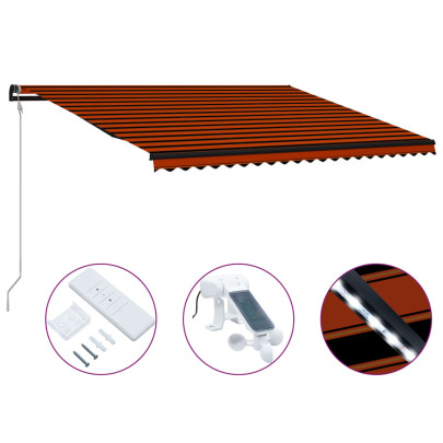 Copertină retractabilă senzor vânt & LED oranj/maro 500x300 cm