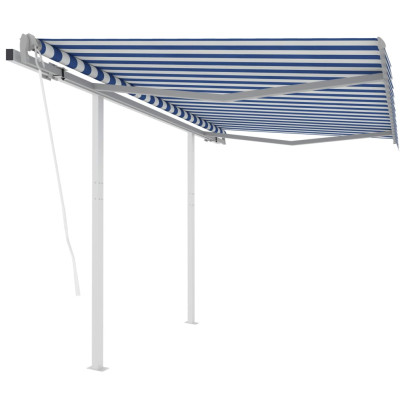 Copertină retractabilă automat cu stâlpi - albastru/alb - 3x2,5 m