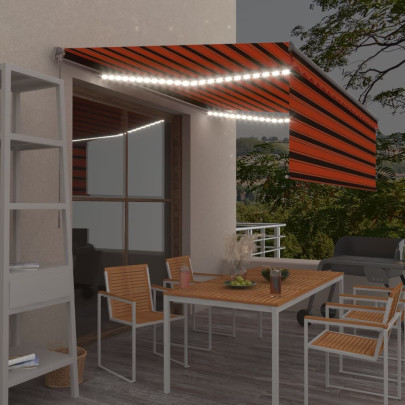 Copertină retractabilă manual stor&LED portocaliu&maro 4,5x3 m