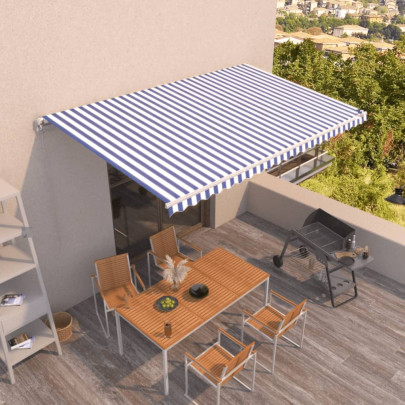 Copertină retractabilă manual - albastru și alb - 500x350 cm