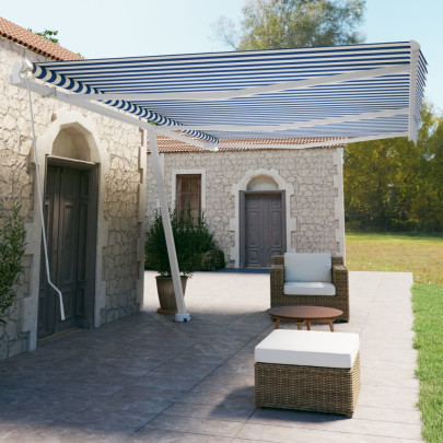 Copertină retractabilă manual - albastru și alb - 600x350 cm