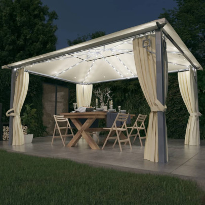 Pavilion cu perdele & șiruri lumini LED - crem - 4x3 m - aluminiu