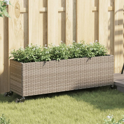 Jardinieră grădină cu roți/3 ghivece gri 107x32x38 cm poliratan