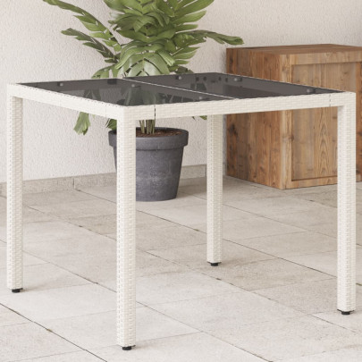 Masă grădină cu blat din sticlă - alb - 90x90x75 cm - poliratan