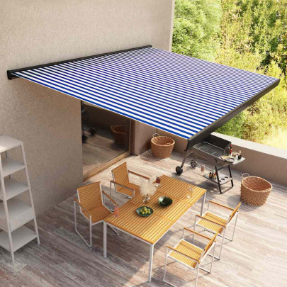 Copertină motorizată tip casetă - albastru și alb - 350 x 250 cm