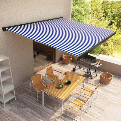Copertină motorizată tip casetă - albastru și alb - 500 x 300 cm
