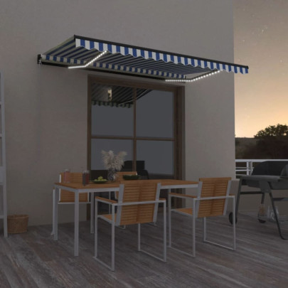 Copertină retractabilă manual cu LED - albastru/alb - 400x350 cm