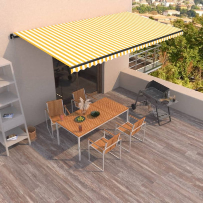 Copertină retractabilă manual - galben și alb - 600x350 cm
