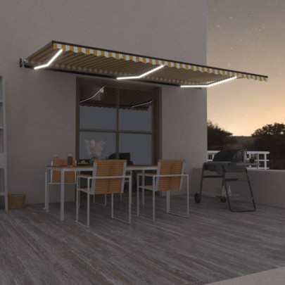 Copertină automată cu senzor vânt&LED - galben/alb - 600x350 cm