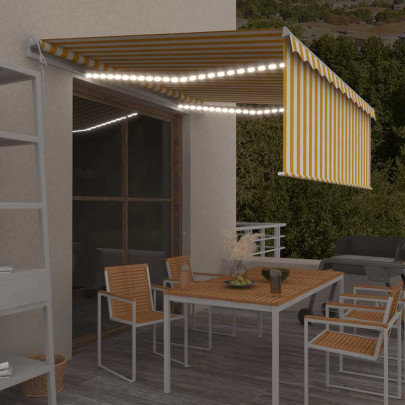 Copertină automată cu stor&senzor vânt&LED - galben&alb - 4x3 m