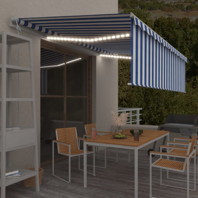 Copertină retractabilă stor&LED&senzor vânt - albastru/alb - 5x3m