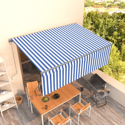 Copertină retractabilă automat cu stor - albastru & alb - 4x3 m