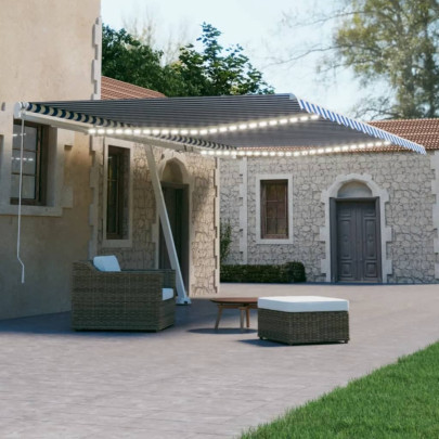 Copertină automată cu senzor vânt&LED - albastru/alb 500x300 cm