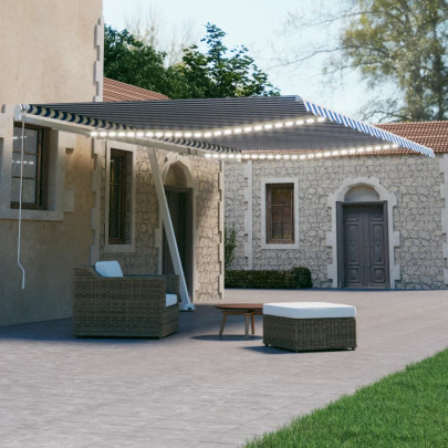Copertină automată cu senzor vânt&LED - albastru/alb - 600x300 cm