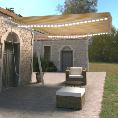 Copertină retractabilă manual cu LED - galben și alb - 450x350 cm