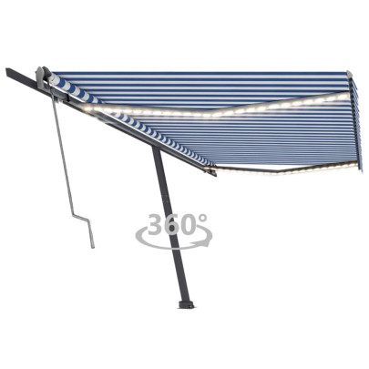 Copertină automată cu senzor vânt&LED - albastru/alb 500x300 cm
