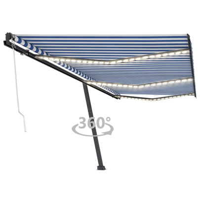 Copertină automată cu senzor vânt&LED - albastru&alb - 600x300 cm