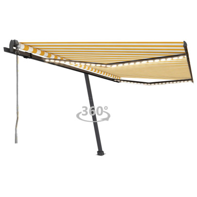 Copertină automată cu LED/senzor vânt - galben&alb - 450x350 cm