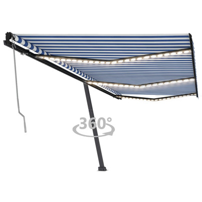 Copertină automată cu senzor vânt&LED - albastru/alb - 600x350 cm