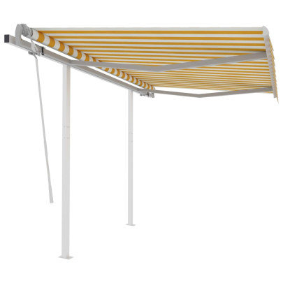 Copertină retractabilă manual cu stâlpi - galben/alb - 3x2,5 m