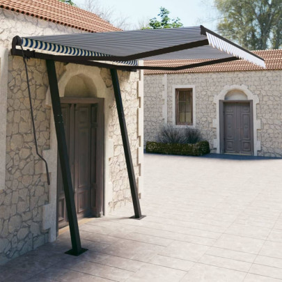 Copertină retractabilă automat cu stâlpi - albastru&alb - 3x2,5 m