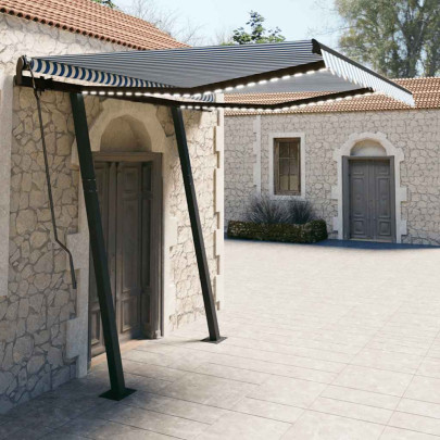 Copertină retractabilă manual cu LED - albastru & alb 3,5x2,5 m