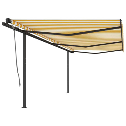 Copertină retractabilă manual cu stâlpi - galben și alb - 6x3 m