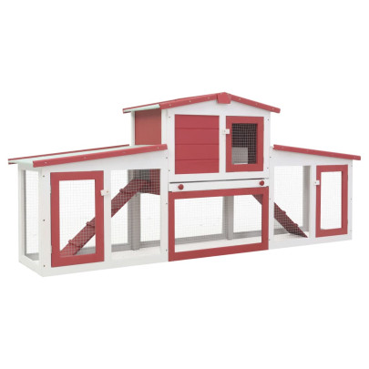 Cușcă mare exterior pt. iepuri - roșu și alb - 204x45x85 cm - lemn