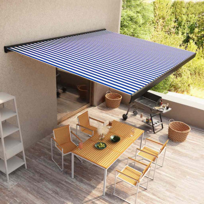 Copertină motorizată tip casetă - albastru și alb - 400 x 300 cm