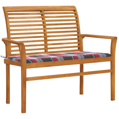 Bancă de grădină - pernă roșu carouri - 112 cm - lemn masiv tec