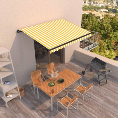Copertină retractabilă manual - galben și alb - 300x250 cm