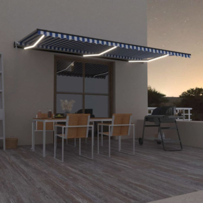 Copertină automată cu senzor vânt&LED - albastru/alb - 600x350 cm