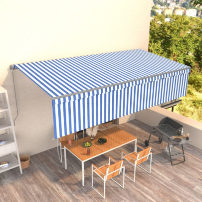 Copertină retractabilă manual cu stor - albastru&alb - 6x3 m