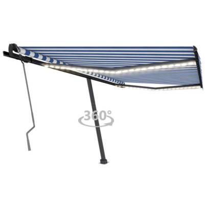 Copertină retractabilă manual cu LED - albastru&alb - 450x350 cm