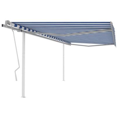 Copertină retractabilă manual - cu stâlpi - albastru&alb 4,5x3 m