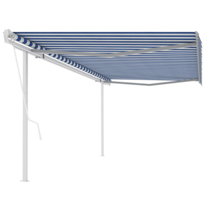 Copertină retractabilă automat - cu stâlpi - albastru&alb 5x3,5 m