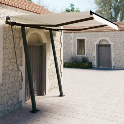 Copertină retractabilă manual cu stâlpi - crem - 3x2,5 m